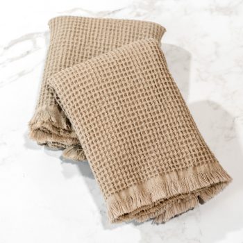 BEIGE WAFFLE FRINGE TOWELS - SET OF 2