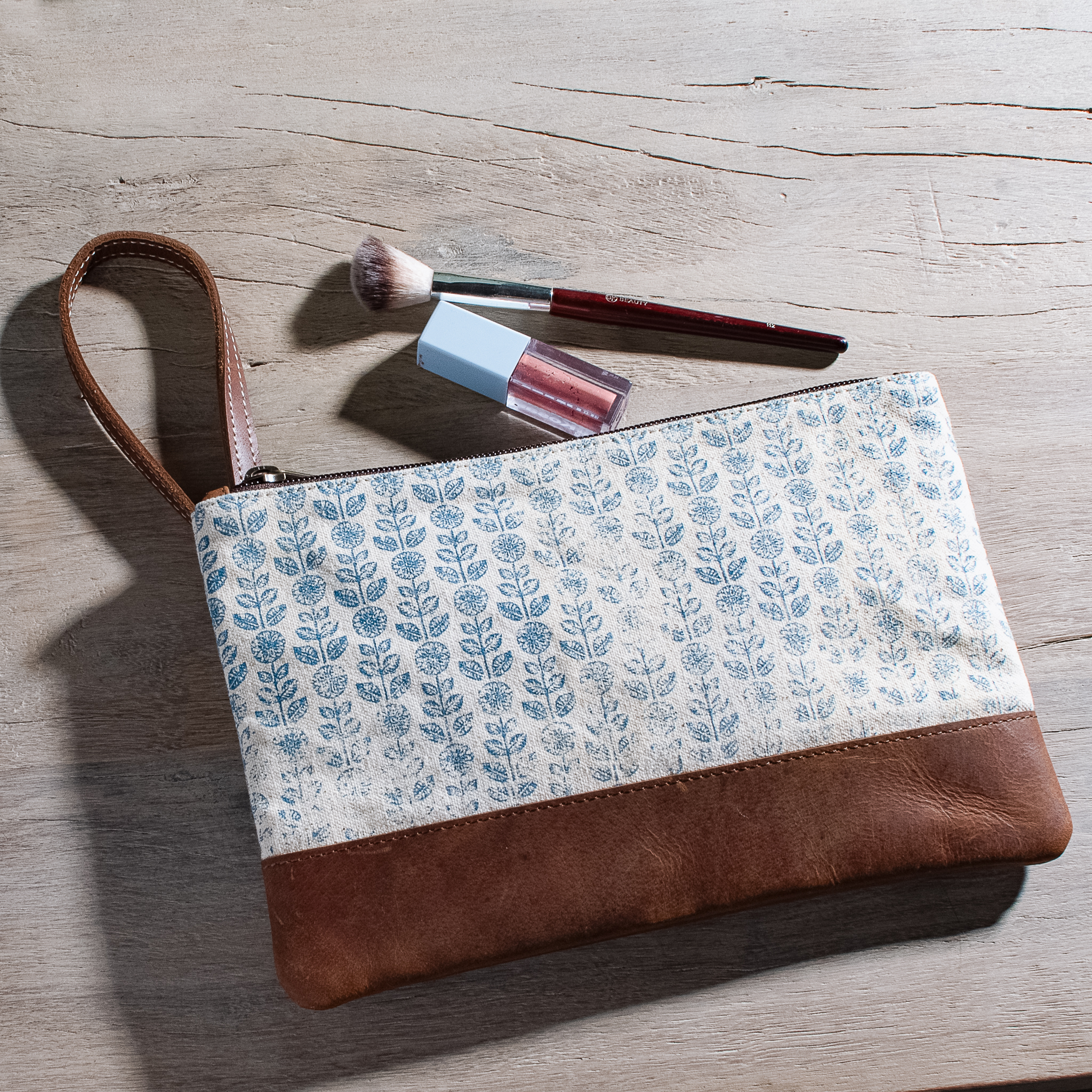 10" BLUE FLORAL CANVAS ZIP POUCH