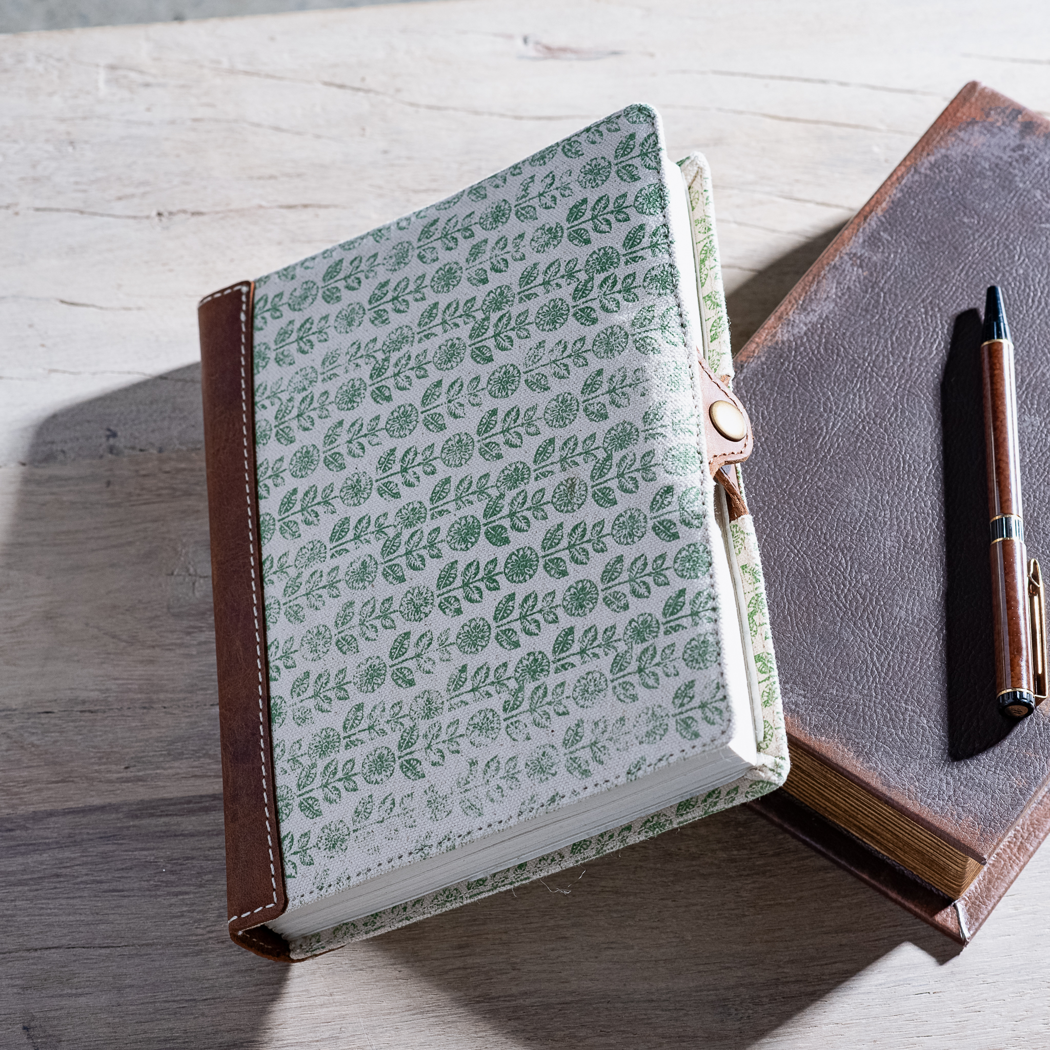 8" GREEN FLORAL CANVAS LEATHER JOURNAL