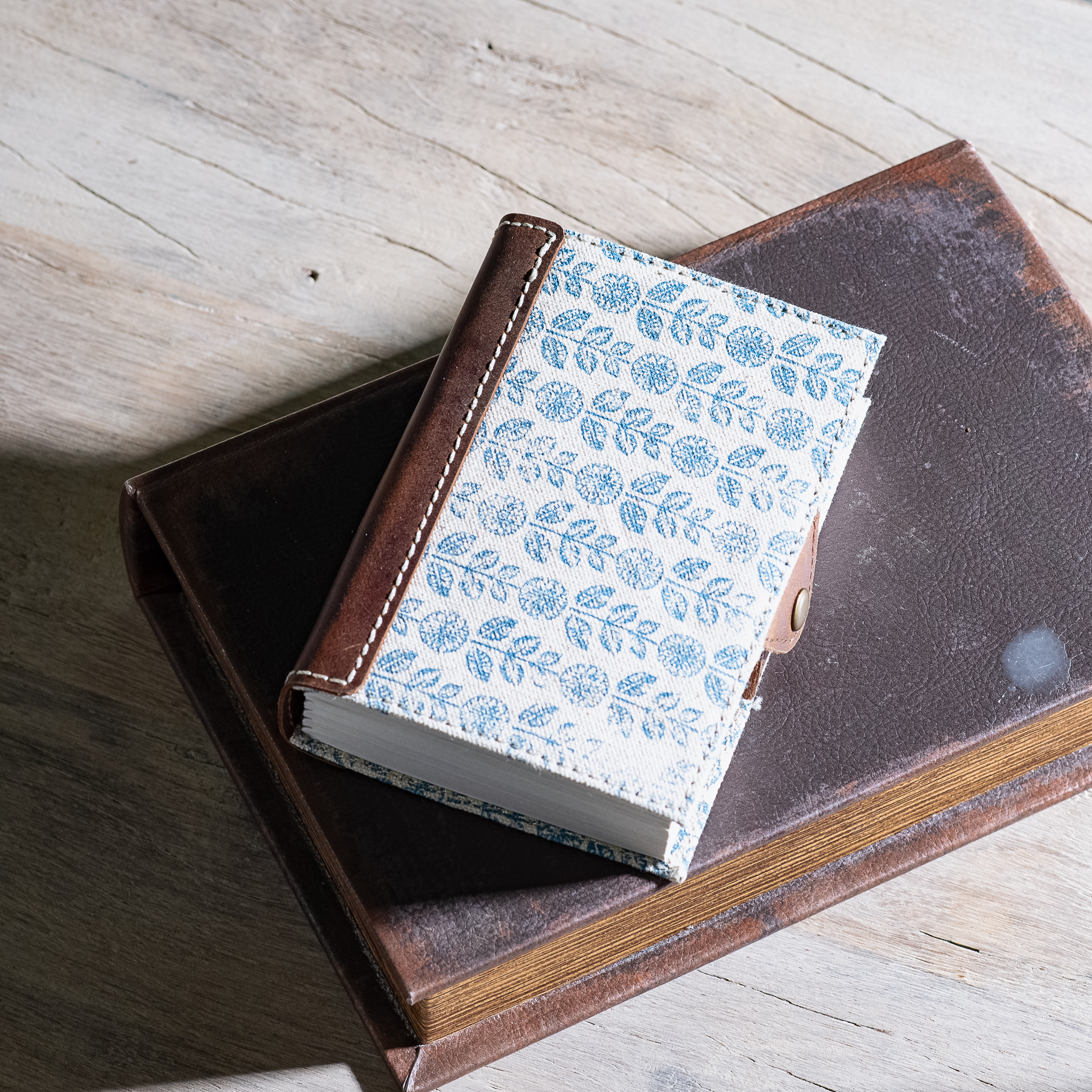 5.5" BLUE FLORAL CANVAS LEATHER JOURNAL