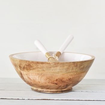 WOOD SERVING BOWL WITH UTENSILS