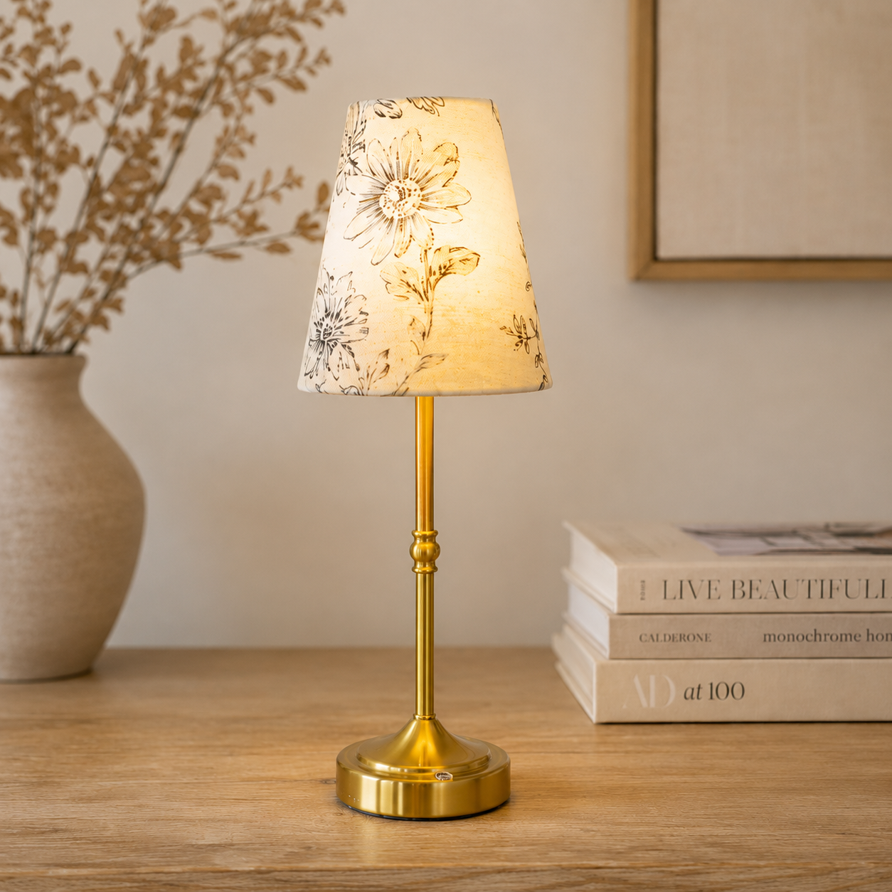 17" LED LAMP W/ IVORY FLORAL LAMPSHADE