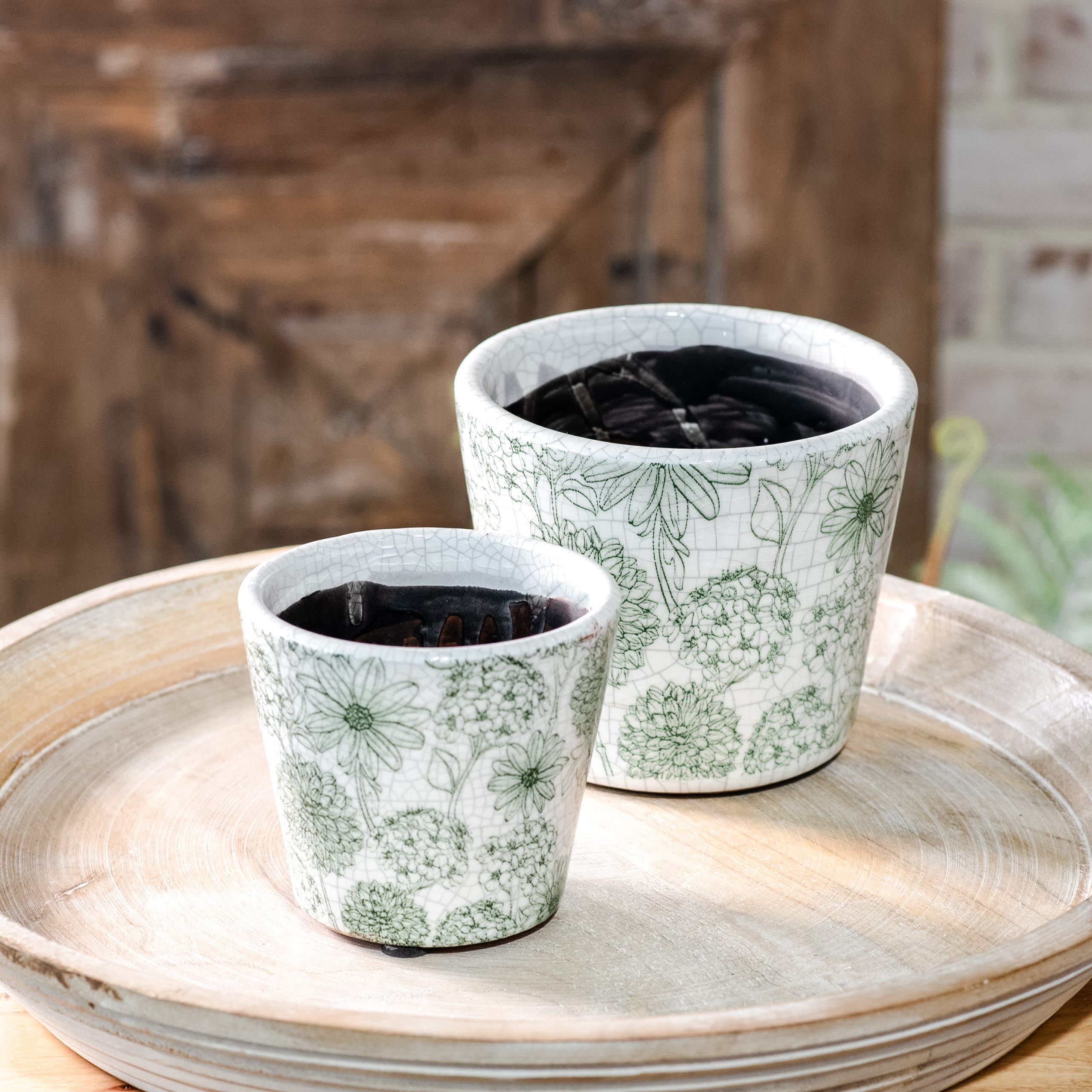 GREEN FLOWER PRINT POTS - SET OF 2