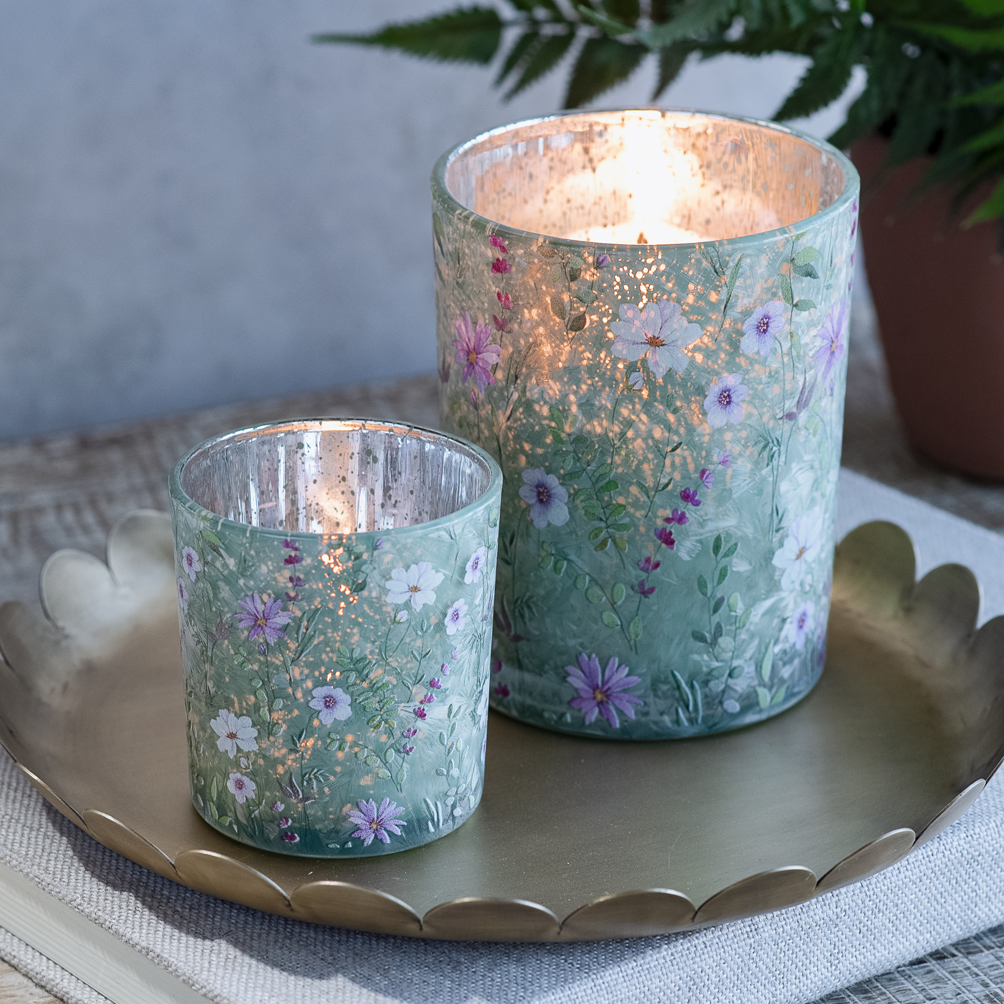 GREEN FLORAL CANDLE HOLDERS - SET OF 2