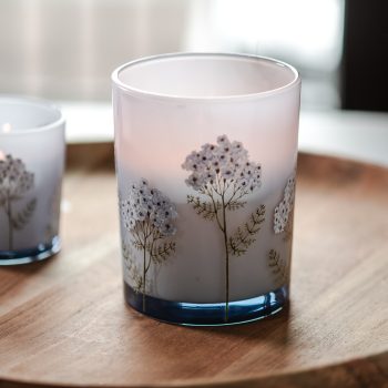 LIGHT BLUE GLASS FLORAL CANDLE JAR