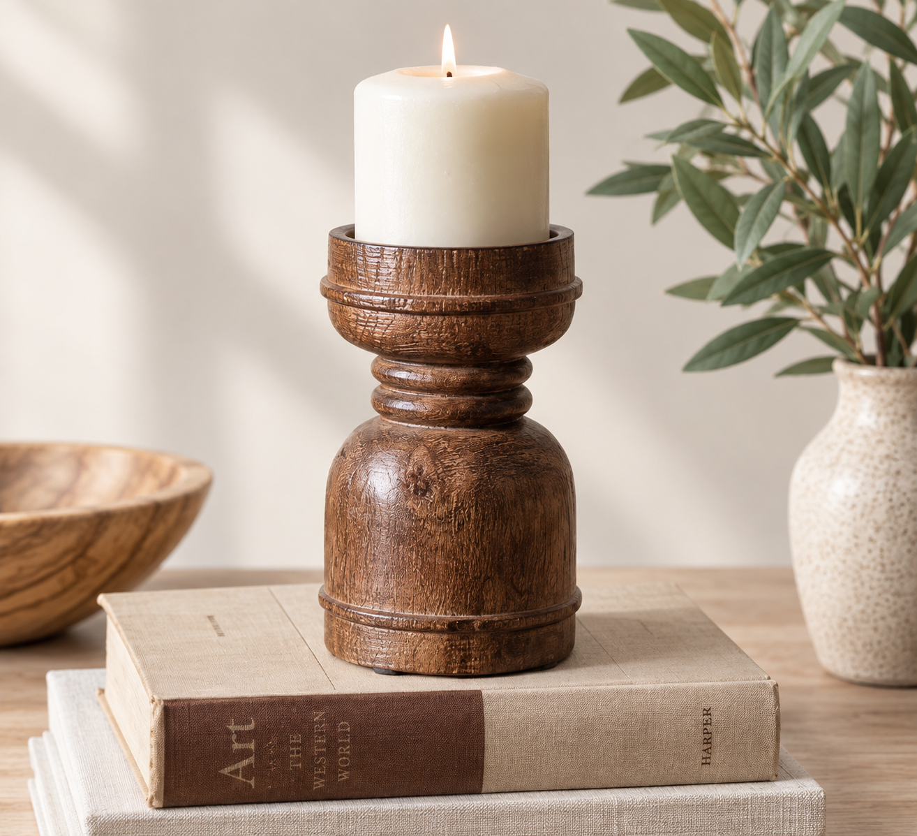 6.25" WOOD COLUMN CANDLE HOLDER
