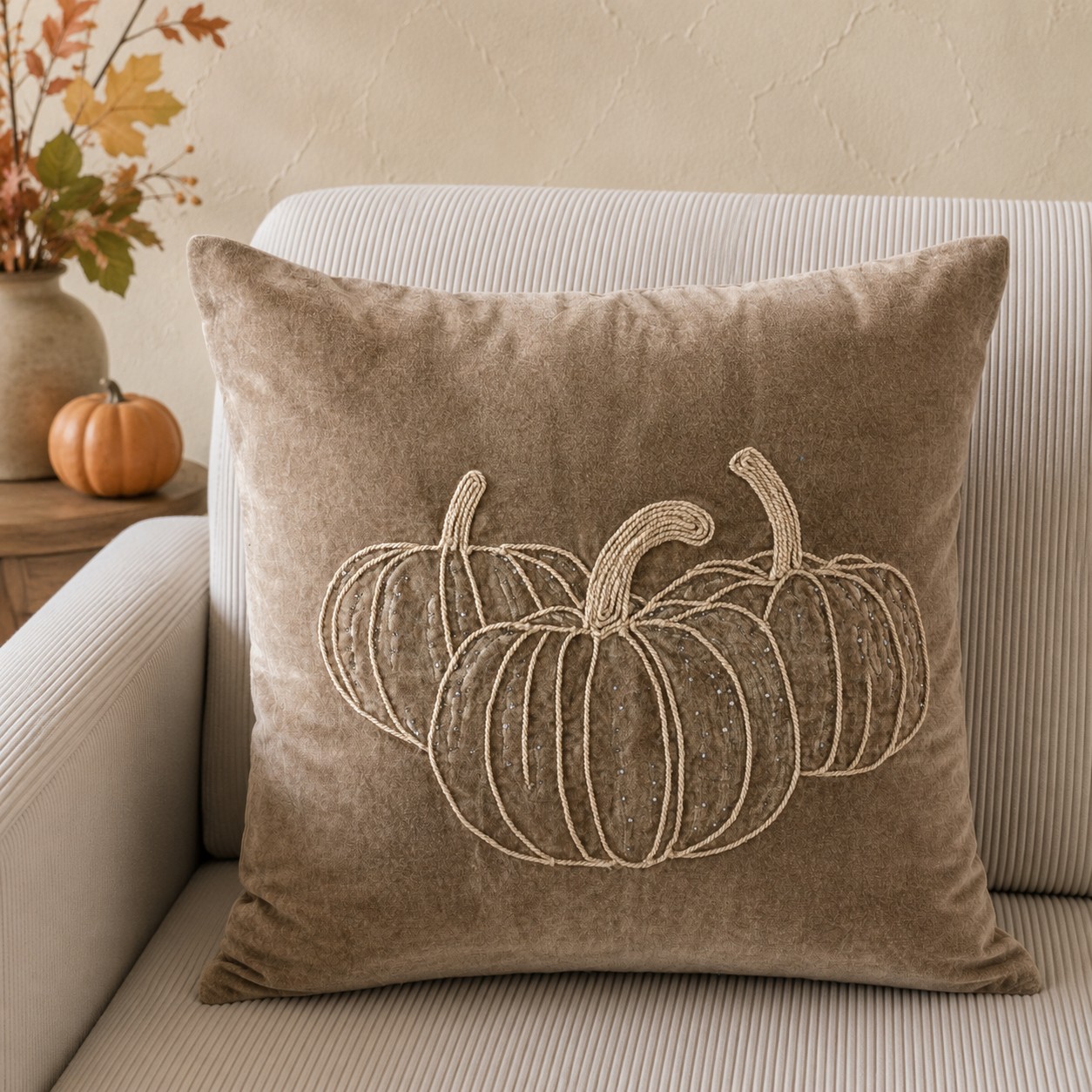 18" X 18" TAN BEADED PUMPKIN PILLOW