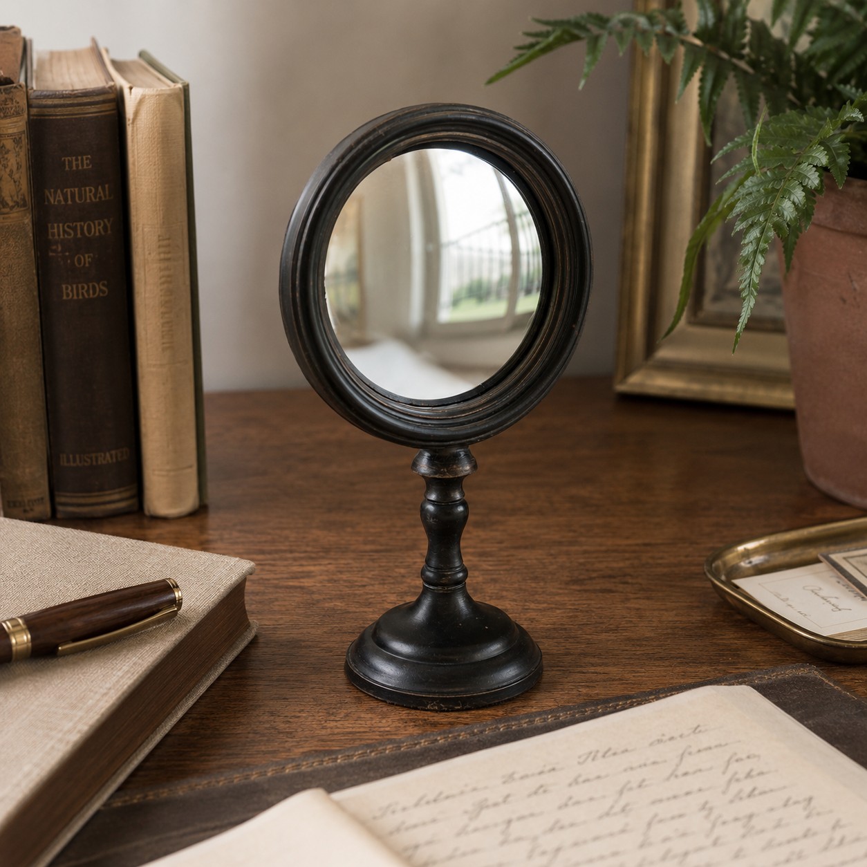 9" BLACK ANTIQUE TABLE MIRROR