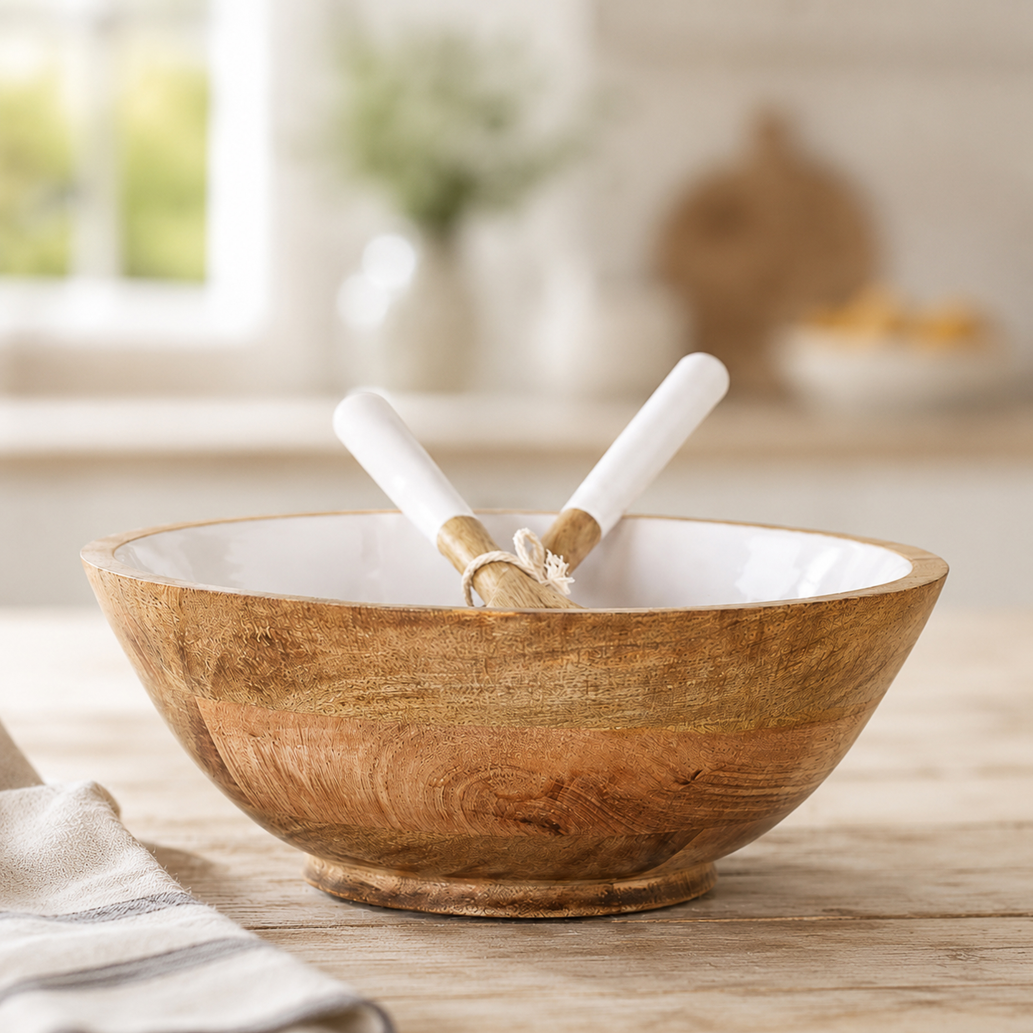 WOOD SERVING BOWL WITH UTENSILS