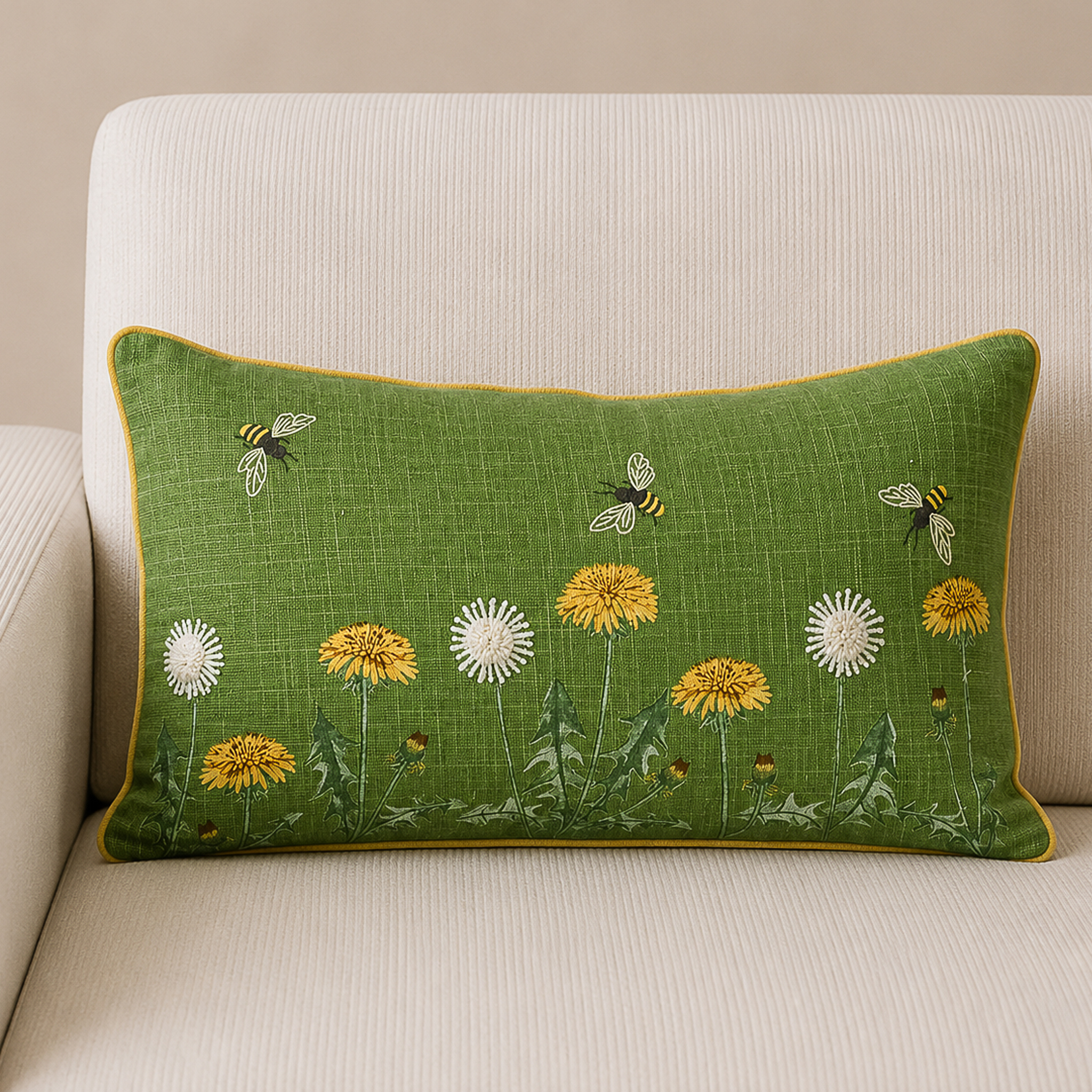 12" X 20" GREEN FLOWERS & BEES PILLOW