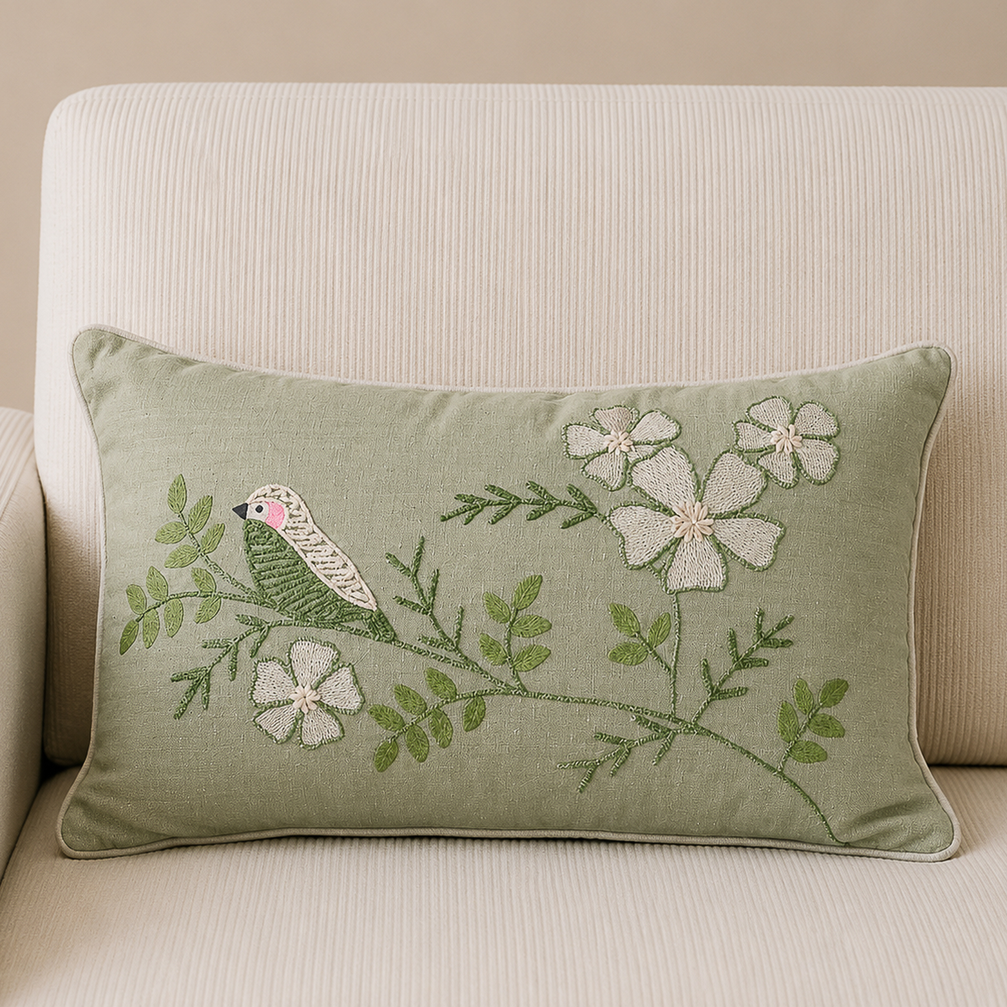 12" X 20" SAGE BIRD ON BRANCH PILLOW