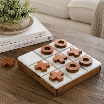 9.5" MARBLE & WOOD TIC TAC TOE BOX