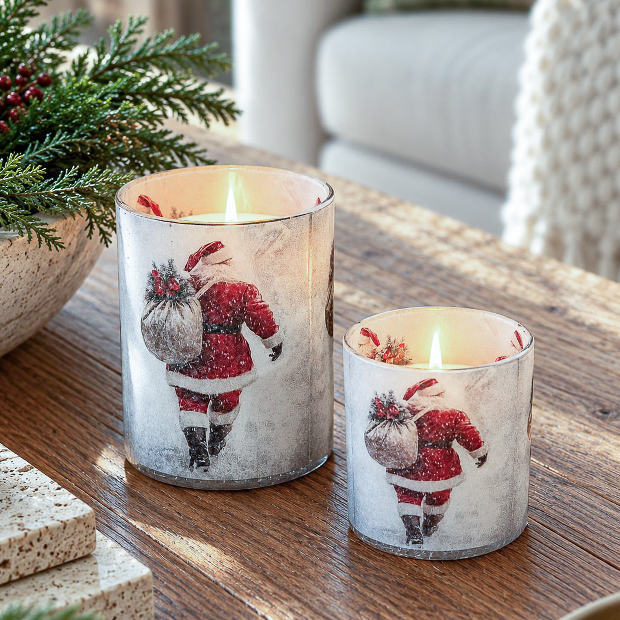 VINTAGE SANTA CHRISTMAS GLASS CANDLE HOLDER (SET OF 2)